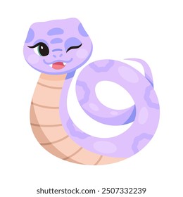 Cute cartoon snake, smiling and winking. Kawaii serpents. Kids flat vector illustrations. Happy cheerful excited cobra. Childish flat graphic vector illustration isolated on white background