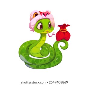 Serpiente linda de la historieta en el sombrero tradicional del dragón que sostiene el saco rojo del dinero. Divertido animal festivo chino del reptil del zodiaco del verde rizado del Vector aislado, símbolo de riqueza y prosperidad para el año lunar 2025