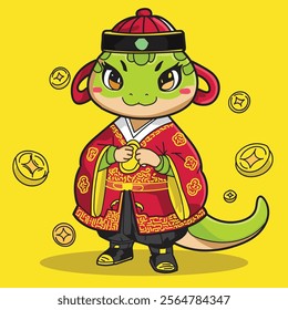 Cute cartoon snake wearing chinese traditional suit with gold coin around