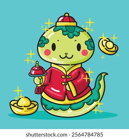 Cute cartoon snake wearing chinese traditional suit with gold coin around