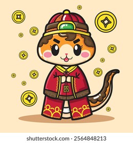 Cute cartoon snake wearing chinese traditional suit with gold coin around