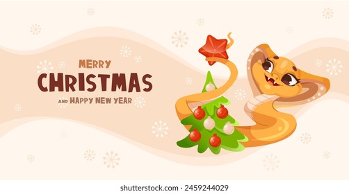 A cute cartoon snake wearing a Christmas hat entwined around a tree, on a beige snowflake-patterned background, festive concept. Vector illustration