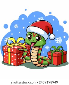 Cute cartoon snake wearing a Santa hat, with Christmas presents and snowflakes, on a blue background, holiday concept. Vector illustration