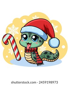A cute cartoon snake wearing a Santa hat and scarf, holding a candy cane, with snowflakes on a yellow background, concept of festive cheer. Vector illustration