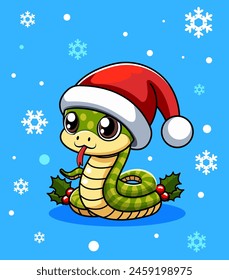 A cute cartoon snake wearing a Santa hat and holding holly, set against a blue, snowy background, evoking a Christmas theme. Vector illustration