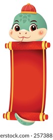 A cute cartoon snake wearing a traditional Chinese hat, peeking out from behind a red scroll with gold accents.