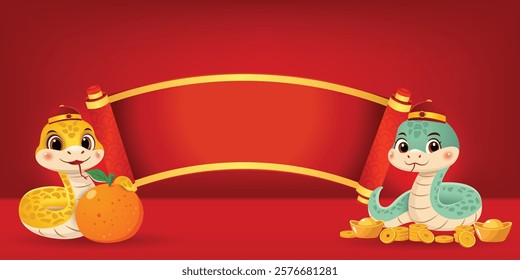 Cute Cartoon Snakes with Ancient Chinese Paper Scroll Illustration