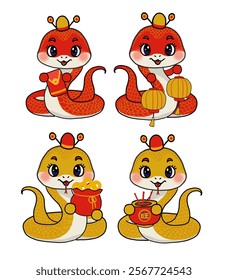 Cute Cartoon Snakes Celebrating Chinese New Year with Festive Accessories. Perfect for cultural and festive artwork or educational purposes.