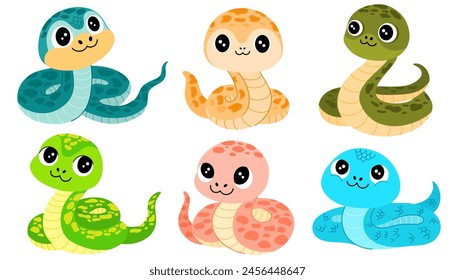 Cute Cartoon Snakes Collection. Happy funny serpent with spots on skin. Colored flat vector illustration isolated on white background