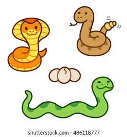 Cute cartoon snakes set. King Cobra, Rattlesnake and Python isolated illustration.