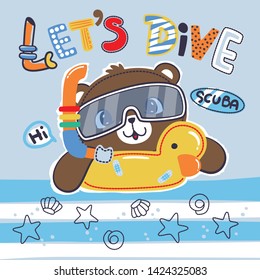 Cute cartoon snorkeling teddy bear with rubber duck vector illustration.   