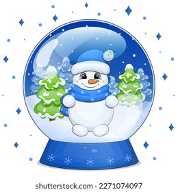 Cute cartoon snowball with a snowman and fir trees. Christmas vector illustration on white background.