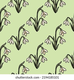 Cute cartoon snowdrops flowers doodles seamless border pattern. Springtime vector repeatable background texture tile. Cozy template of stock texture for wrapping design, wallpaper