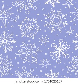 Cute Cartoon Snowflakes. Winter Blue Background. Seamless Pattern.