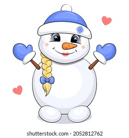 Cute cartoon snowgirl with braid, blue hat and mittens. Winter vector illustration on white background with hearts.