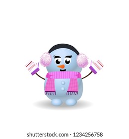 Cute cartoon snowgirl character in pink ear muffs, scarf, mittens with hands up isolated on white background. Vector illustration, template, icon, clip art for christmas, new year winter greeting card