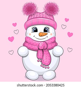 Cute cartoon snowgirl in hat and scarf. Winter vector illustration of a snowman on pink background with hearts.