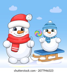 Cute cartoon snowman with a baby on a sleigh. Winter vector illustration on a blue background.