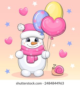 Lindo muñeco de nieve de dibujos animados con globos y caracol. Navidades Ilustración vectorial sobre un fondo rosa con corazones y estrellas.