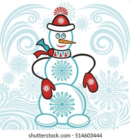 Cute cartoon snowman and beautiful winter background. For happy new year merry Christmas card. Vector illustration.