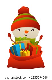 Cute cartoon snowman behind toy bag with gifts isolated