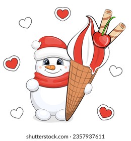 Cute cartoon snowman with big ice cream. Christmas vector illustration on white background with red hearts.