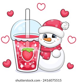 Cute cartoon snowman with a big strawberry drink. Vector illustration with a cup of red water on a white background with red hearts.