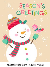 Cute cartoon snowman and bird illustration for christmas and new year card design