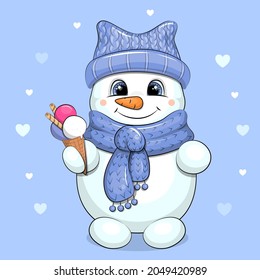 A cute cartoon snowman in a blue hat and scarf is holding an ice cream. Vector illustration on a blue background with hearts.