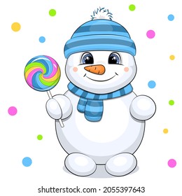 A cute cartoon snowman in a blue hat and scarf holding a lollipop. Vector illustration on white background with colorful dots.