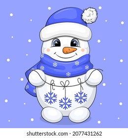 Cute cartoon snowman in blue hat and scarf holding snowflakes. Winter vector illustration on a blue background with snow.