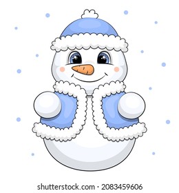 Cute cartoon snowman in a blue hat and waistcoat. Winter vector illustration isolated on white background with snow.