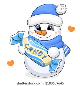 A cute cartoon snowman in a blue hat and scarf is holding a candy bar. Vector illustration isolated on white background.