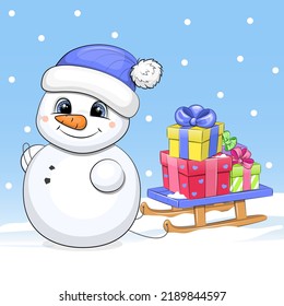 Cute cartoon snowman in a blue hat with Christmas gifts on a sleigh. Winter vector illustration on a blue background with dots of snow.