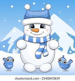 A cute cartoon snowman in blue hat and scarf stands in the mountains. Winter vector illustration on a blue background with snow.