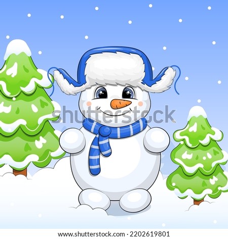 Cute cartoon snowman in blue winter hat with with ear flaps. Vector illustartion on blue background with snow and green trees.