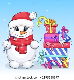 Cute cartoon snowman with candy cane and Christmas gifts. Holiday vector illustration on blue background with snow.