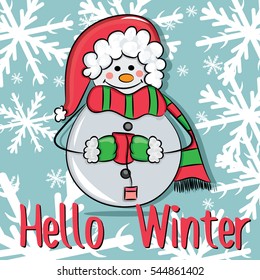 Cute cartoon snowman character drinking tea and hello winter message