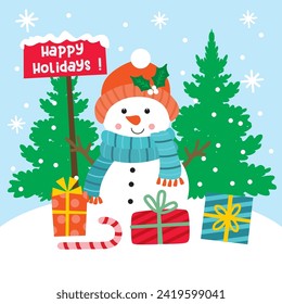Cute Cartoon Snowman with Christmas Gift and tree