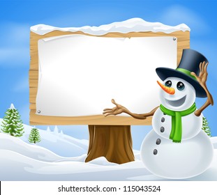 A cute cartoon snowman in Christmas winter scene with sign