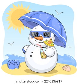 Cute cartoon snowman with drink and umbrella on the beach. Funny summer vector illustration with sun and sea on a blue background.