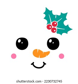 Cute Cartoon Schneemann Gesicht mit Weihnachtsbaumpflanze. Schneemann Kopf auf weißem Hintergrund. Vektorgrafik.