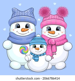 Cute cartoon snowman family and dad  mom   baby  Winter vector illustration blue background 
