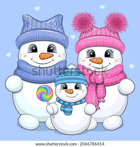 Cute cartoon snowman family with dad, mom and baby. Winter vector illustration on a blue background.