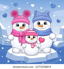 Cute cartoon snowman family with father, mother and daughter is floating on the iceberg. Winter vector illustration with snow and ice on a blue background.