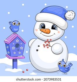 Cute cartoon snowman feeds the birds. Winter vector illustration with snow and blue background.