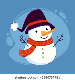 Cute Cartoon Snowman with Funny Hat and Red Scarf. Christmas snowman character isolated on blue background
