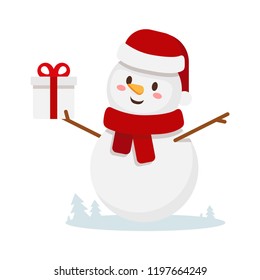 Cute cartoon snowman with gift