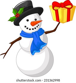 Cute cartoon snowman with gift