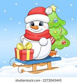 Cute cartoon snowman with a gift and a Christmas tree on a sleigh. Christmas vector illustration on a blue background with snow.